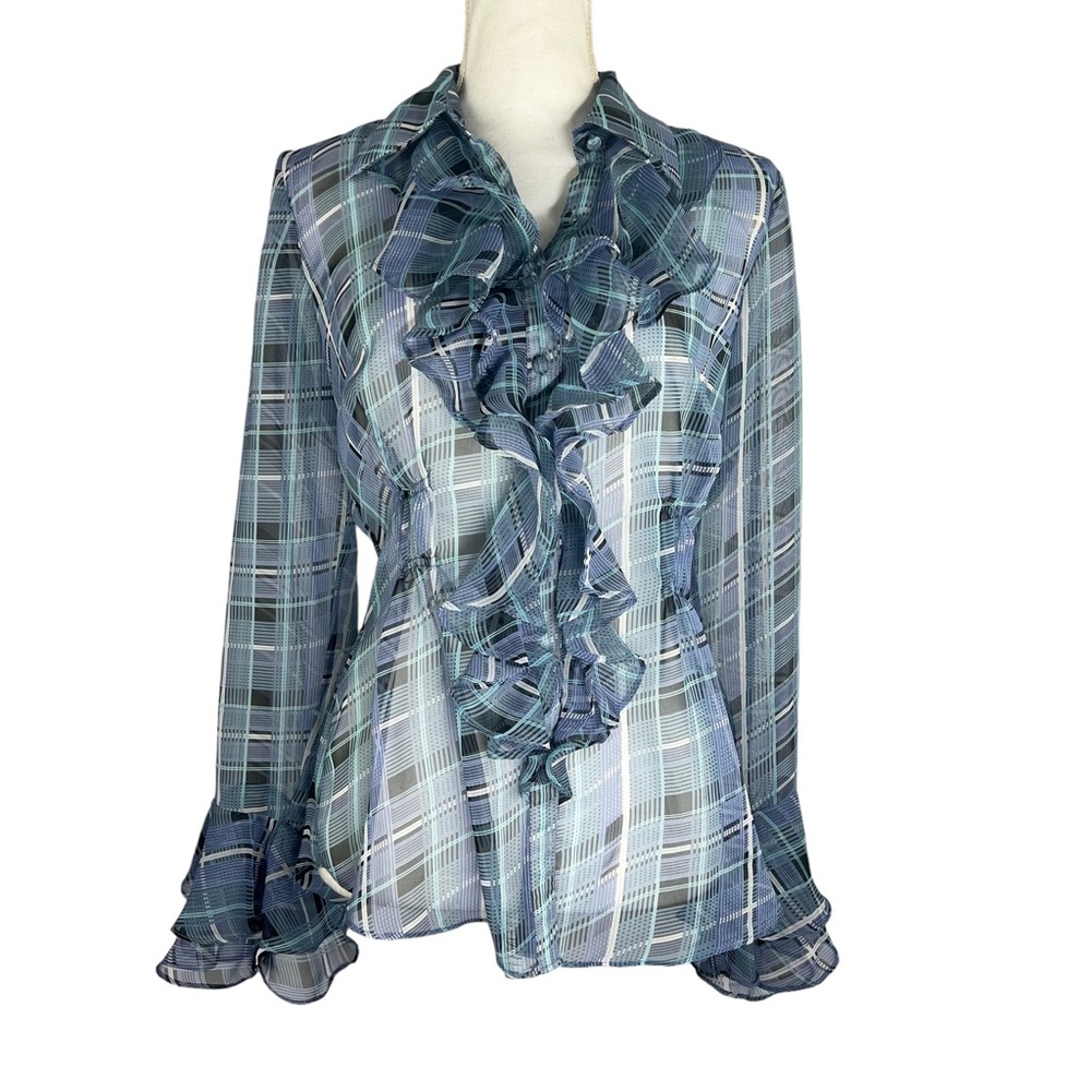 CAbi Sheet Plaid Ruffle Blouse Size Small